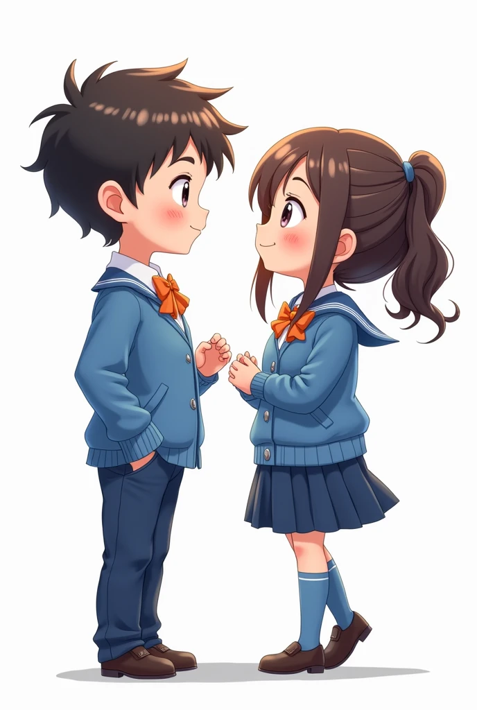 ((officially)) ((masterpiece)) ((Best quality)) ((detailed)) cartoon boy and girl in blue school uniform on white background