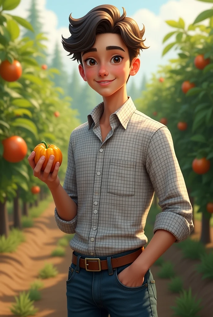Profile picture of a young agricultural scholar wearing a formal long-sleeved checkered shirt and jeans, holding fruit in his hand, with an orchard in the background.