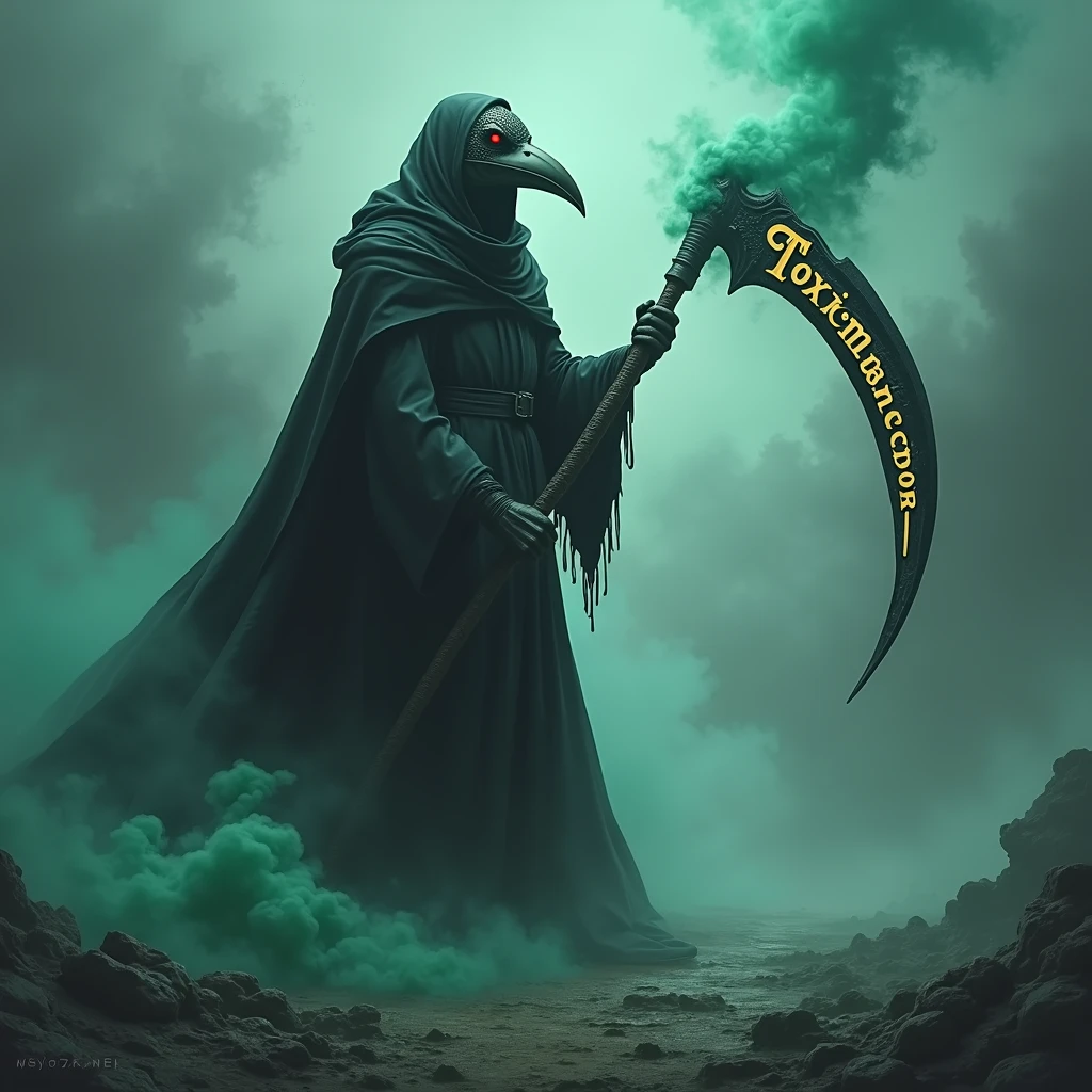 A realistic, ultra-detailed photograph of a plague doctor, an intimidating mask. Determinedly seizing a weapon similar to a scythe, devastated land, clouds of green poison, blue smoke. The name “ToxicMasteR” is prominently displayed in gothic illumited by the glow of this cloud