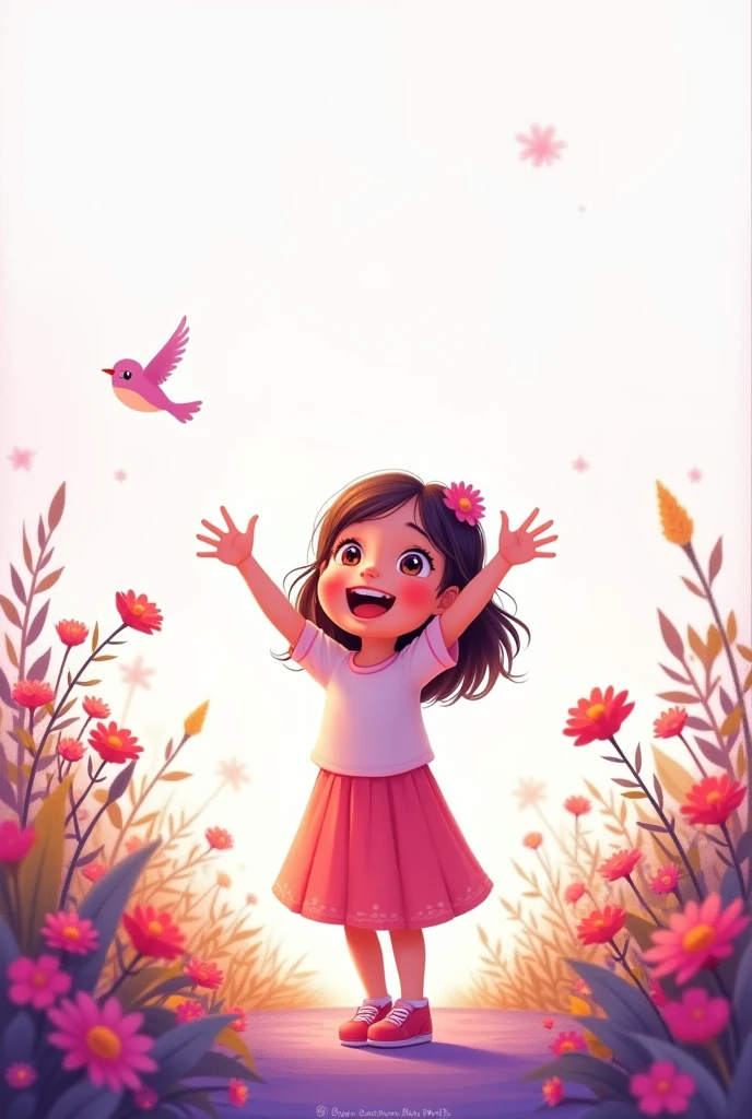 up side white,down side purple shade,blooming beautiful flowers,little bird flying up,cute baby girl raise hands,she smiling,she exciting