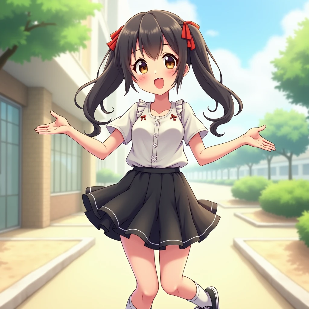Anime Style,
A girl making cute gestures.
She is wearing a cute white decorated blouse with short sleeves and no buttons., mid black flare skirt, no school uniform, no pleated skirt,
Wearing white knee-high socks, Wearing sneakers.
Her hair style is low twin tails, with red ribbons, hair is very long length and black, low pigtails.
Late teens, Small breasts, Has dark brown eyes.
summer, Daytime, front view.