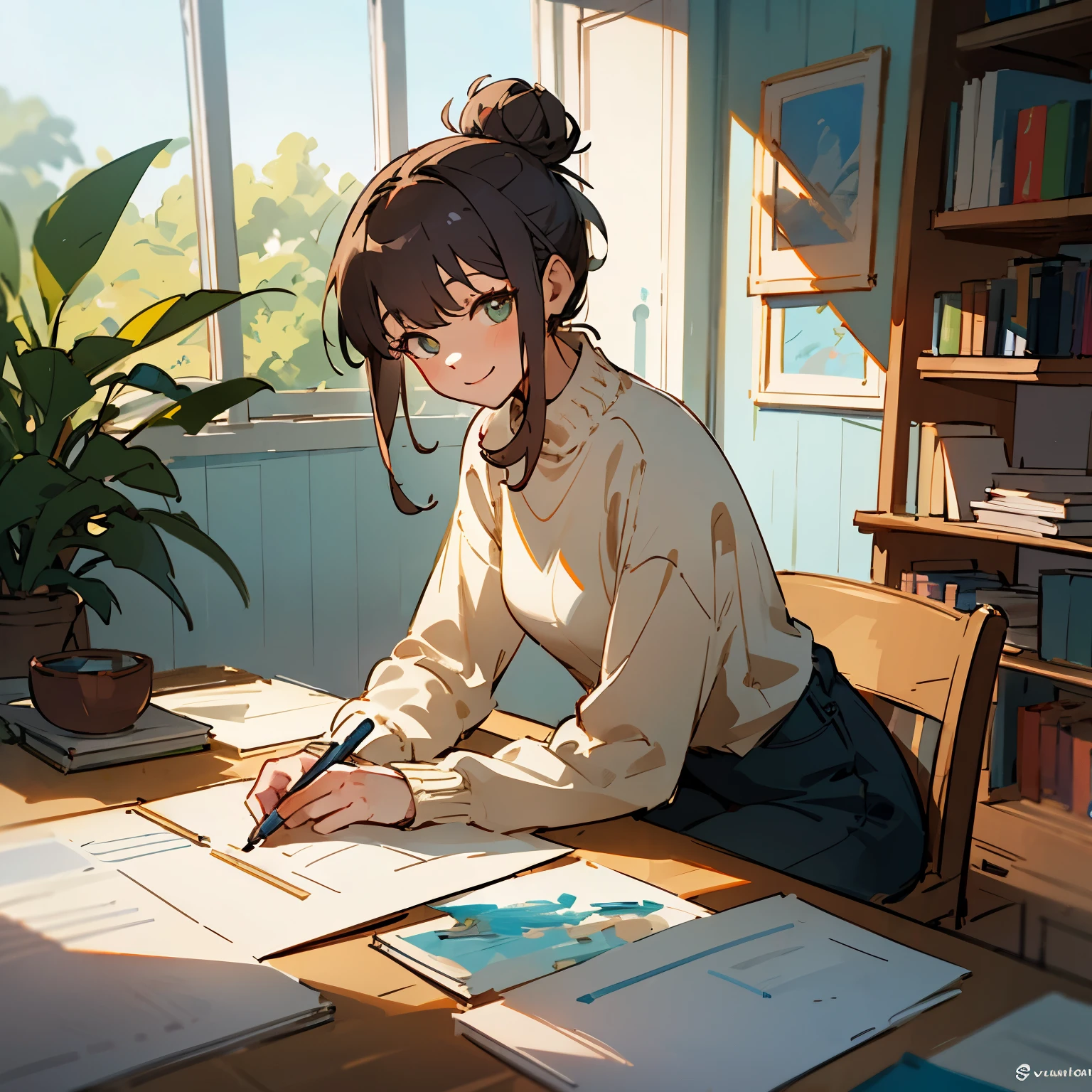 A young girl with bright, expressive eyes and a playful smile, sitting in a cozy, sunlit room filled with books and plants. She’s wearing a comfortable sweater, with her hair tied in a messy bun, and is surrounded by sketchbooks and art supplies as she works on a new drawing.