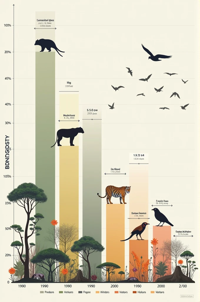 Bar graph of biodiversity loss including animals name and plants Species over different periods from 1900-2000 in English