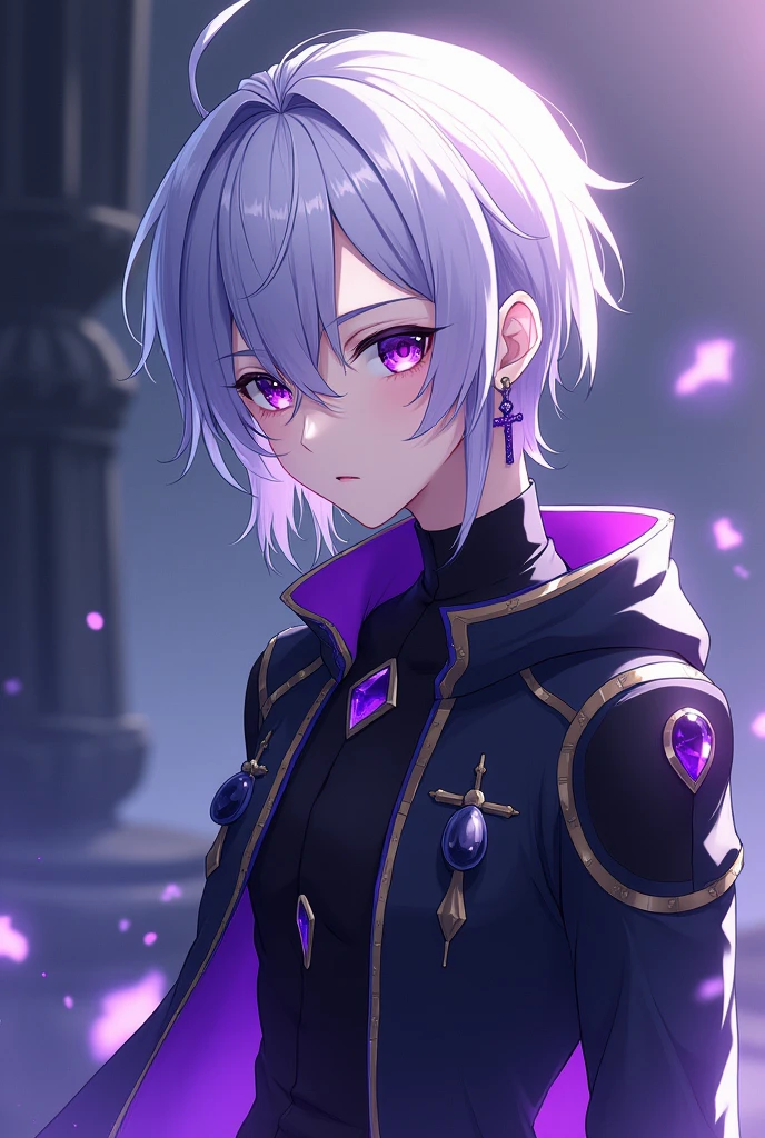 Anime, handsome youth, shoulder length silver hair that is slightly pulled back on the left side
very ruffled at his forehead, dividing into multiple other strands, mesmerising amethyst eyes, male idol, amethyst cross earring on the left ear, noble bearing, demon ascendance, sci-fi clothes, androgynous face with pale lustrous skin and soft features, androgynous neutral voice, lean but muscular body