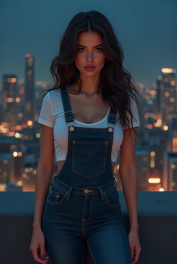 ((midnight, best quality, 8K, masterpiece :1.3)), whole body, Long legs, Clear focus :1.2, Beautiful woman with perfect body :1.4, Slim abdominal muscles :1.1, ((Dark brown hair, Large Breasts :1.2)), (White Tight T-shirt, Overalls Jeans, permanent:1.2), ((City night scene, roof:1.3)), Highly detailed face and skin textures, Delicate eyes, Double eyelids