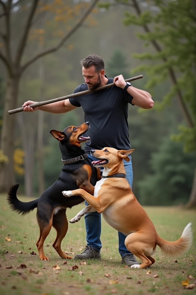 Two dogs is having sex and a man beating them with a stick