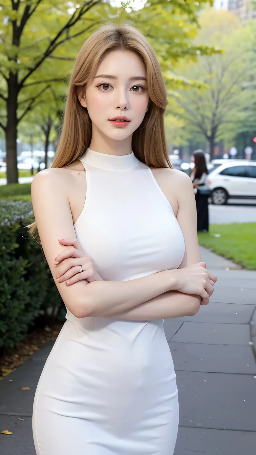 Create an elegant, high-quality portrait of a stunning fashion model with golden blonde hair and crystal-clear eyes. She has pale skin and wears a white sleeveless high-neck knitted dress. She stands gracefully under a tree in Central Park, with New York’s downtown in the background. The scene features a modern hairstyle, a soft, confident smile, and light snow falling gently, creating a serene, cold atmosphere. The style should evoke a modern art aesthetic with high detail, capturing the charm and allure of classic art in a refined, contemporary setting.

