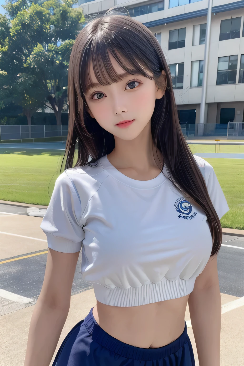 One Girl, 1 person,Highest quality,High resolution,超High resolution,8k,Realistic,Upper Body,encounter_audience,Large Breasts, (Slim Body:1.2),(navy blue school bloomers:1.2),(White gym clothes:1.2), schoolyard,