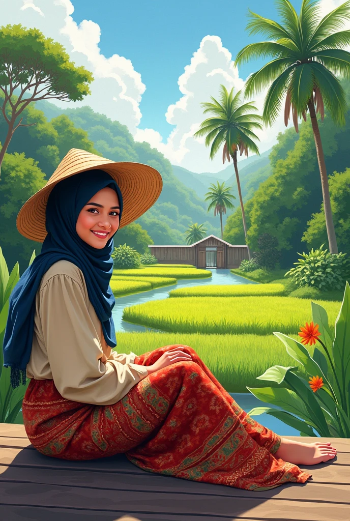 A young women with smiling face, full hijab, wearing baggy blouse and kain batik, wearing tudung labuh menutup dada, wear straw hat ,sitting on wooden bridge, looking camera, at a paddy field, have beautiful view, wooden gate, river, coconut tree, green scenery view, Digital painting ,  watercolor, vivid color,bold stroke line, ink sketch style