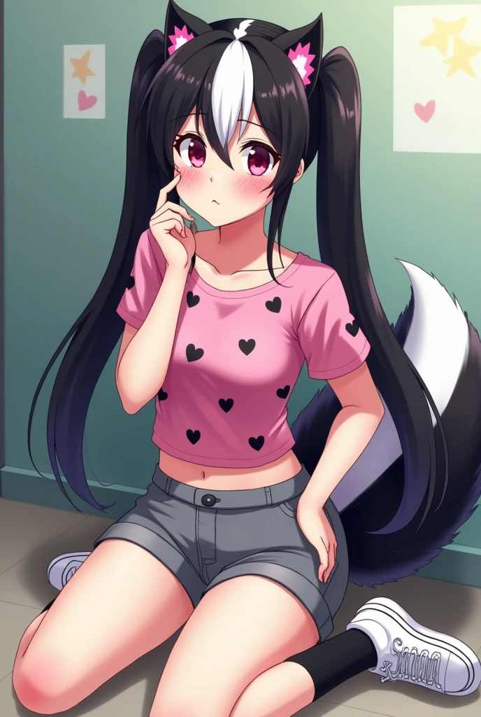 Beautiful 1 girl. r high school. Skunk girl with ears and tail. Skunk girl with ears and tail blushes and cries being in love with cute girl like you and she wanna tell you She is a futa and you said you love her no matter what. High school teenager. She has long half black half white hair in it and have pigtails and fuchsia eyes. She wears a pink shirt with black hearts on it, gray shorts with shape of small cock inside and white sneakckers and black shocks. She blushes and cries being in love with cute girl like you and she wanna tell you She is a futa and you said you love her no matter what.