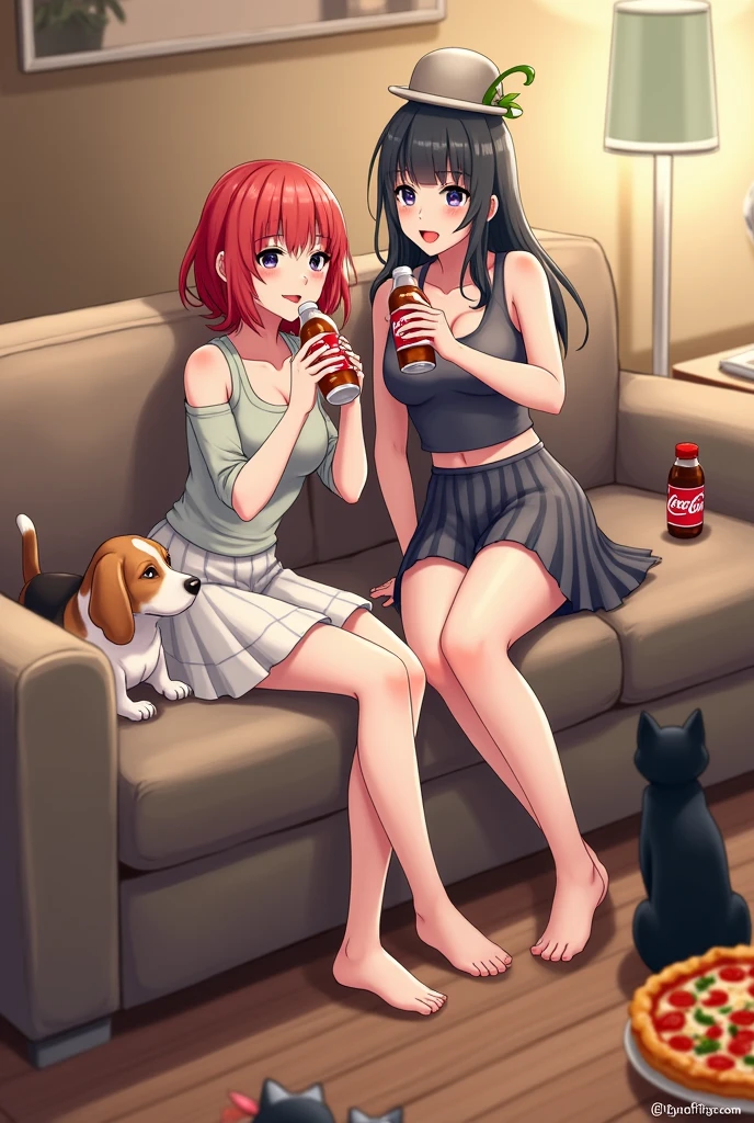 Two women on sofa: one with black hair, little hat, Coca Cola; another with red hair, Skirt, Kola Roman With Beagle dog black cat and pizza