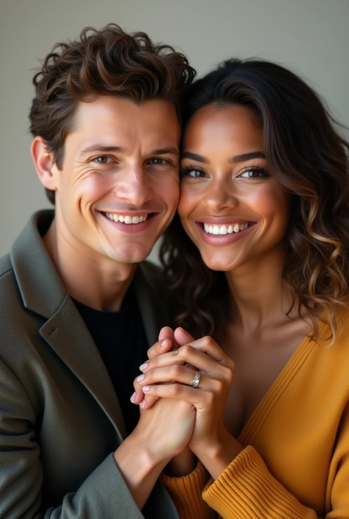 Tom Holland and Zendaya are smiling and holding hands looking at camera