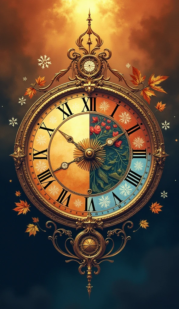 A large, ornate clock face where the numbers are replaced with symbols representing the four seasons—flowers for spring, sun for summer, leaves for autumn, and snowflakes for winter. The clock hands are set to the 6 and 12 positions, symbolizing the balance of day and night during the equinox. The background is a gradient from deep orange at the top, blending into a dark blue at the bottom, representing the transition from day to night. The area around the "Autumn" leaf symbol is highlighted with warm, golden tones to emphasize the season