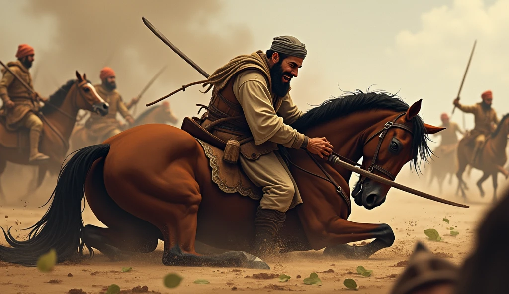 Animated image of a Muslim man falling beside a horse in pain in battle 