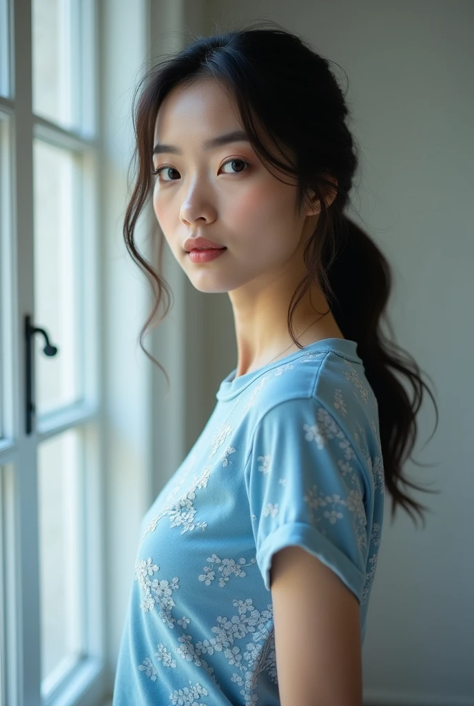 Beautiful woman standing in room wearing Tshirt with slits of patten blue colour code C9D7DD