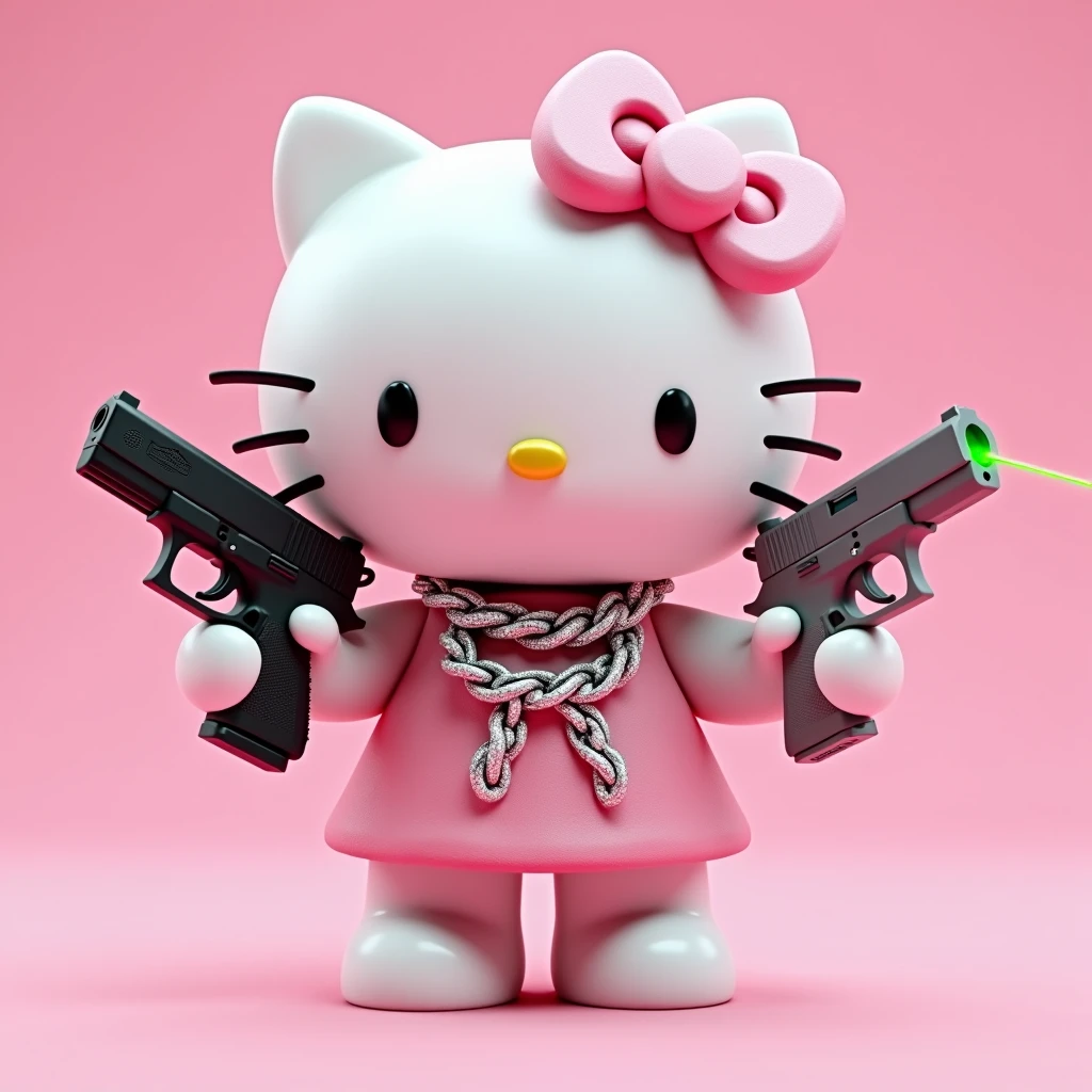 (Hello Kitty white) (3D format) (empty pink background) She has some diamond Cubans on her neck, In his left hand he has a black Glock. This Glock has a very powerful green laser., and in the other right hand he has a model 38 revolver, color gris (He is pointing the .38 revolver at the sky)