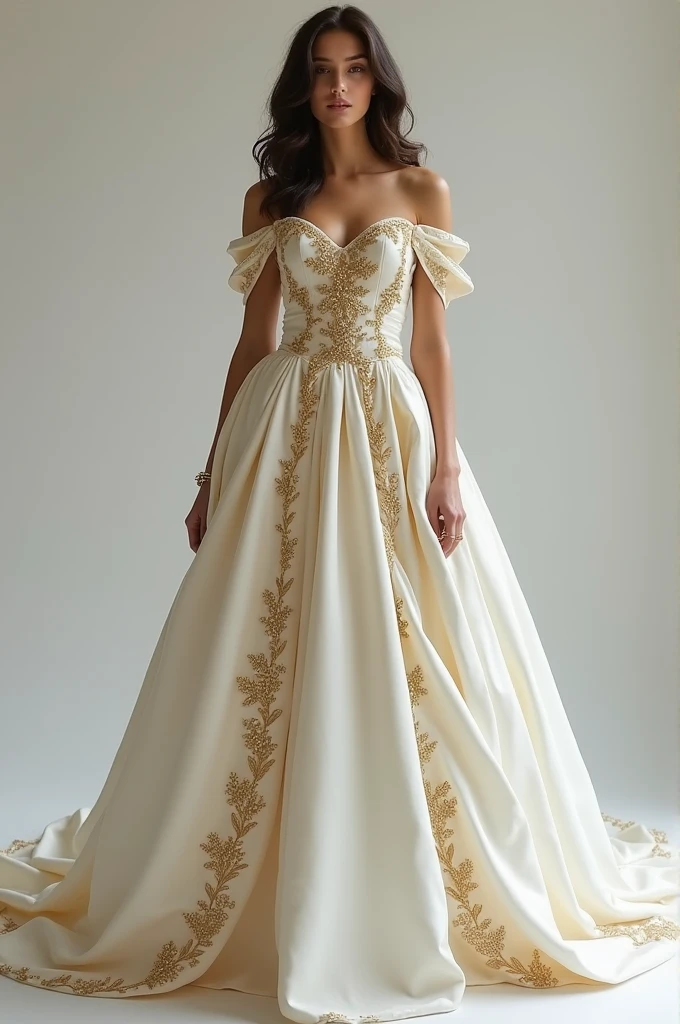 A royal evening gown with white fabric and gold