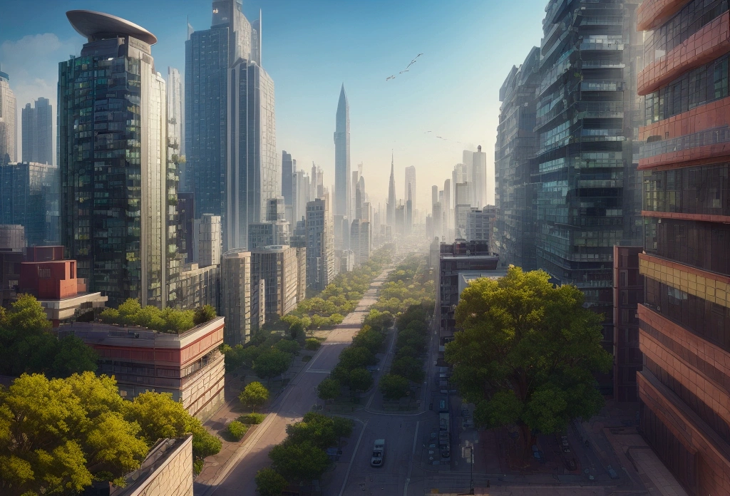 I want you to design a city background. Very modernized. I want a very urban futuristic city with parks. I want you to be inspired by league of legends. Use map references, atmosphere and colors of league of legends places. hyperrealistic. Style photography taken from the street. depth. I need there to not be much detail in the middle of the screen and buildings, parks and people are more detailed around the edge of the image.