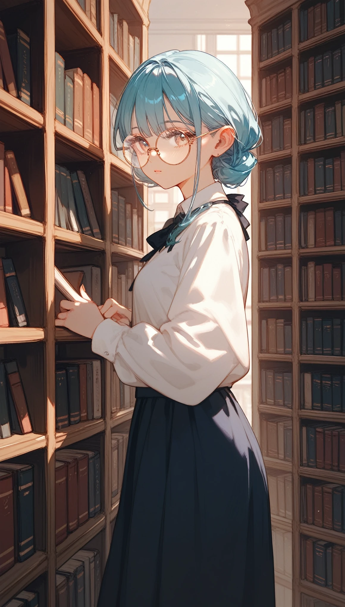 , score_9,score_8_up,score_7_up,score_6_up,score_5_up,score_4_up) ，A girl, Wearing round tinted glasses，Background is a bookstore
