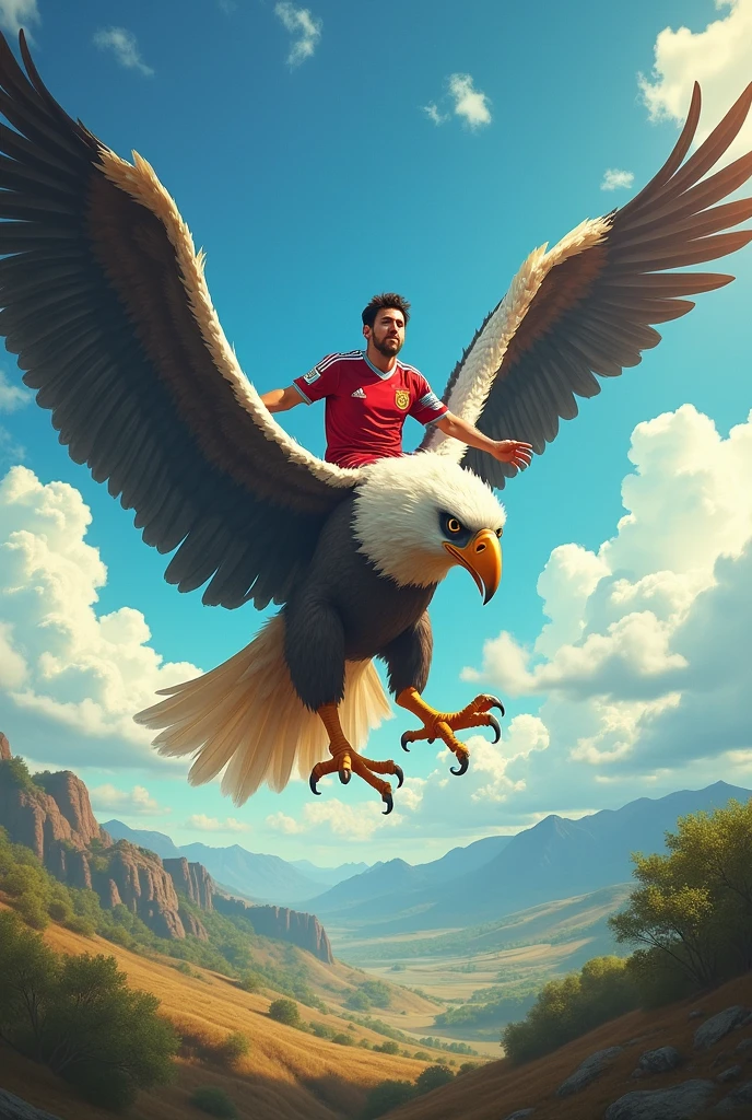 Messi is flying by sitting up a big bird