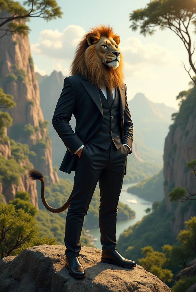 A beautiful animal kingdom. A brave Lion standing on a rock watching his kingdom wearing Blake and white gentleman suit