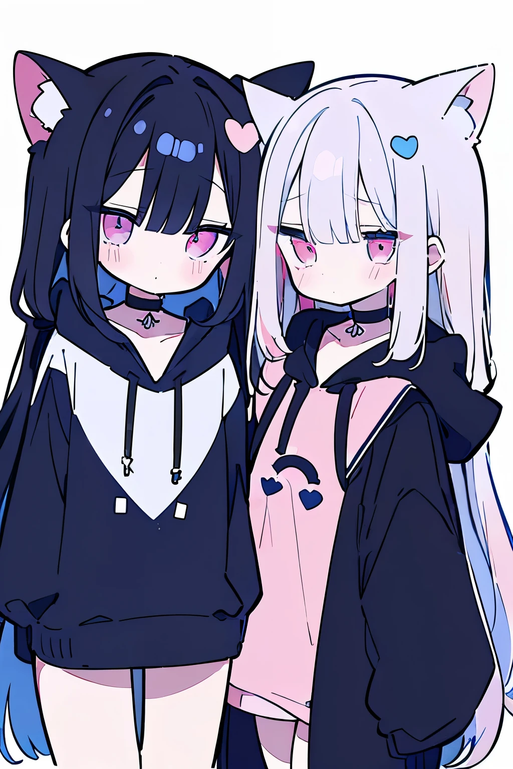 Two girls,one girl(white hair, straight long hair, beautiful hair, pink eyes, droopy eyes), other one girl (black hair, straight long hair, beautiful hair, blue eyes, slanted eyes), hoodie, a cute boa hoodie, Jirai Kei