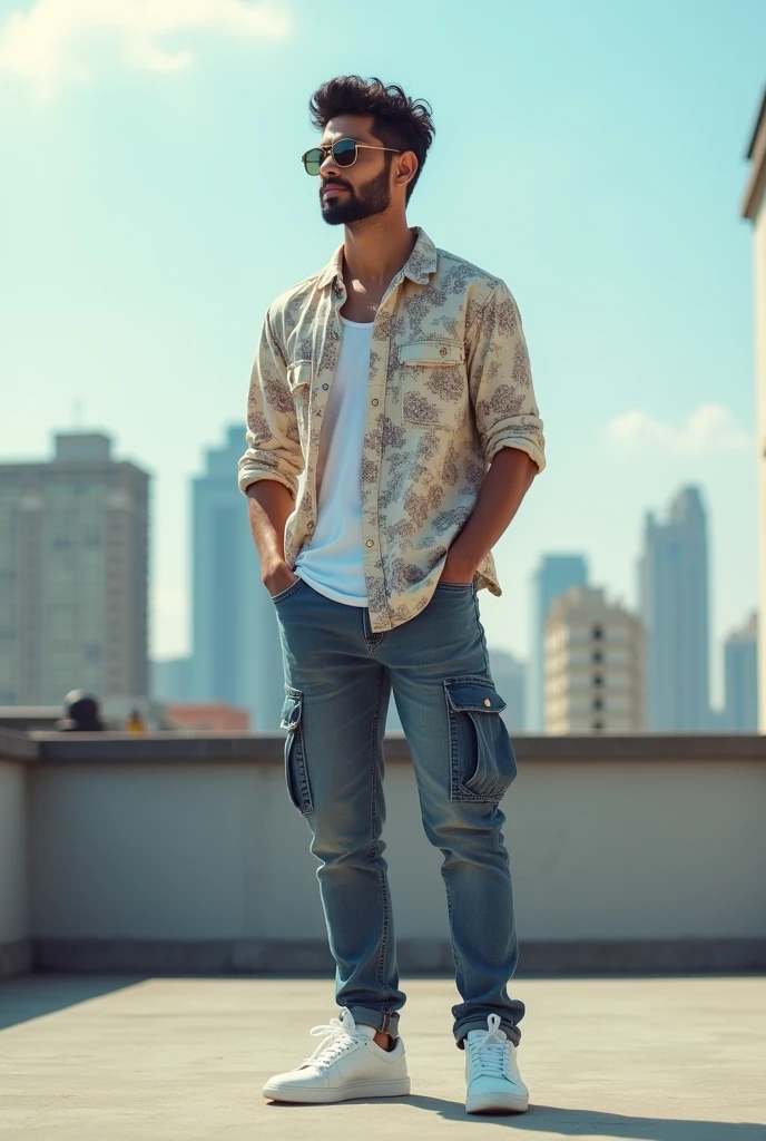 a 21 years of indian boy wearing half sleeve printed shirt and jeans cargo pant and transparent sunglasses and white shoe and standing on roof