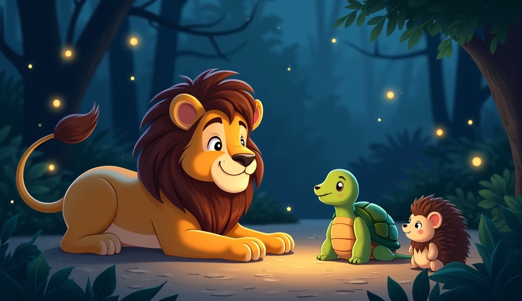 The background is the zoo at night。A gentle male lion smiles and sleepily talks to a turtle and a hedgehog。Anime-style drawings。