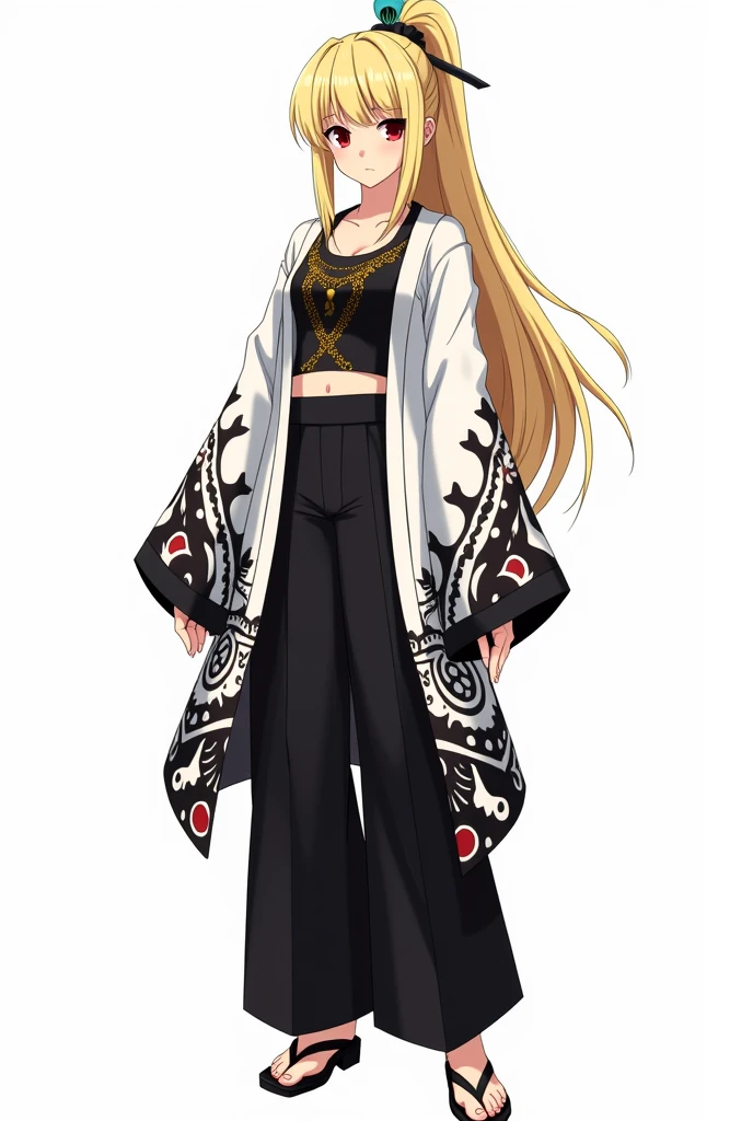 draw in anime style in full growth on a white background: a tall woman with blond hair, bangs in 2 sides, and a high ponytail. She wears a black tank top with gold detailing, and on top of the tank top is a white haori with wide sleeves with black, white and red peacock feather detailing. She is also wearing black wide pants and black shoes. She also has a hairpin with a black, white and red peacock feather on her head. Her eyes are red and not big. Make her expression serious or in a dynamic pose