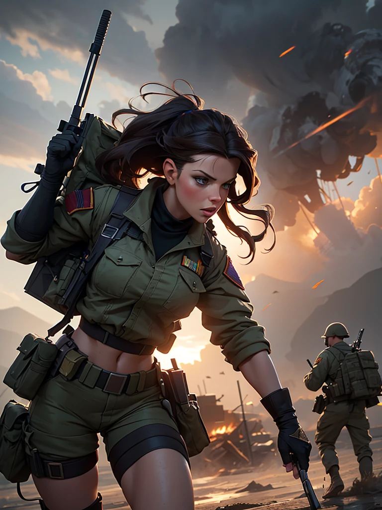 a beautiful busty Kate Beckinsale, army uniform, short shorts, tied wet t-shirt, battlefield scene, realistic, photorealistic, photo-realistic:1.37, best quality,4k,8k,highres,masterpiece:1.2,ultra-detailed,HDR,UHD,studio lighting,ultra-fine painting,sharp focus,physically-based rendering,extreme detail description,professional,vivid colors,bokeh,cinematic lighting,dramatic shadows,moody atmosphere,heroic action pose,gritty military setting,intricate details,military equipment,dust and debris,cloudy sky,warm color palette