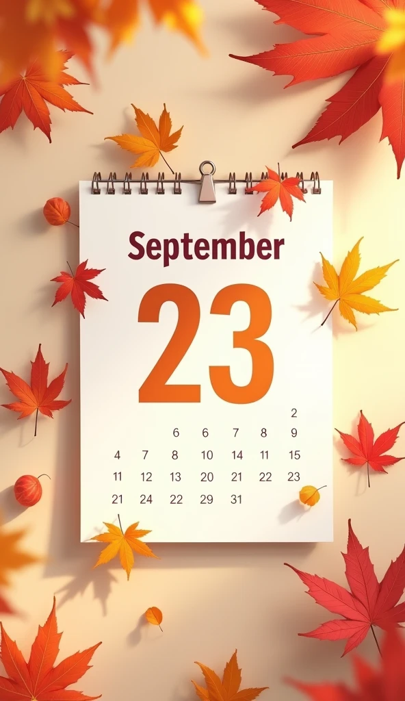 A wall calendar page with the date "September 23" marked in bold, surrounded by autumn leaves in shades of red, orange, and yellow. The leaves appear to be falling gently around the calendar, some resting on the dates before and after the equinox, symbolizing the passing of time. The background is a soft, neutral beige, allowing the vibrant colors of the leaves and the bold date to stand out. A subtle shadow effect gives the impression that the leaves and calendar are slightly raised from the background, adding depth to the design.