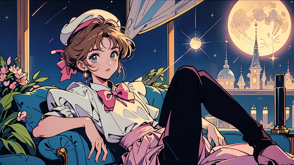 Card Captor Sakura。beret。Full moon and starry sky。Sitting on the sofa。1 person。A glittering cityscape in the foreground。