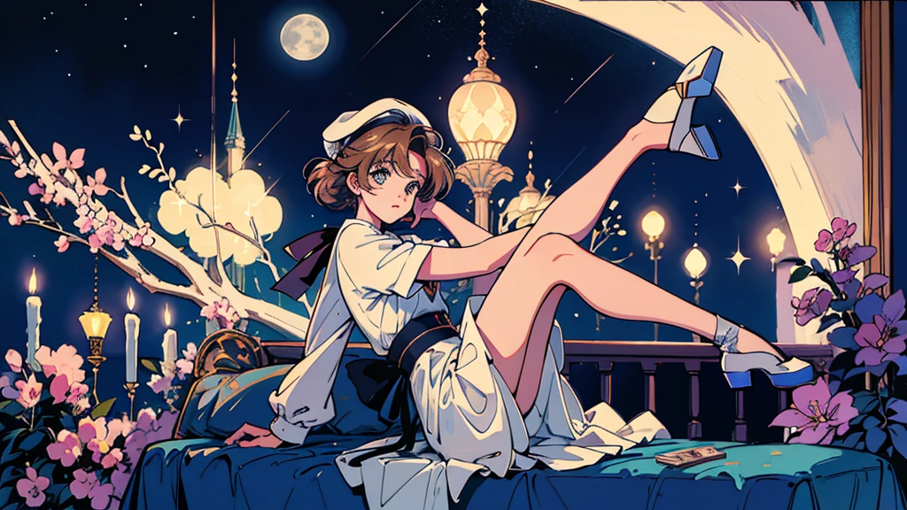 Card Captor Sakura。beret。Full moon and starry sky。Sitting on the sofa。1 person。A glittering cityscape in the foreground。