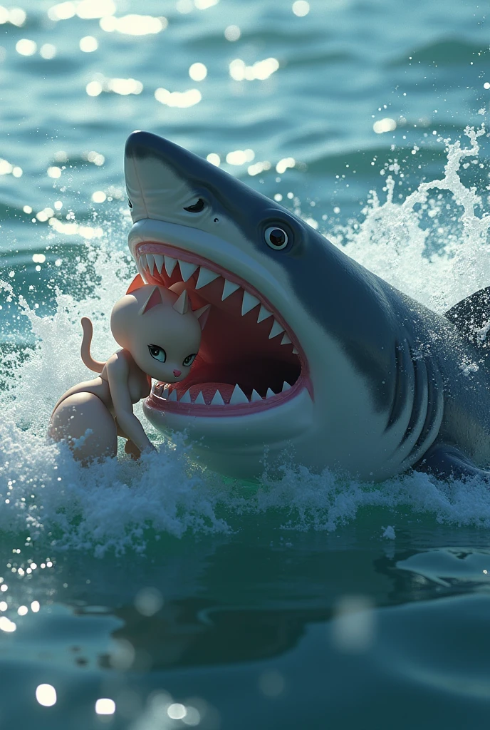 humanoid cat vs shark fight in water, Kicking the Shark: 
 saving baby cat from shark,

Escape to the Shore: humanoid cat swimming swiftly towards the shore with baby cat in her arms, leaving the shark behind in the distance.
