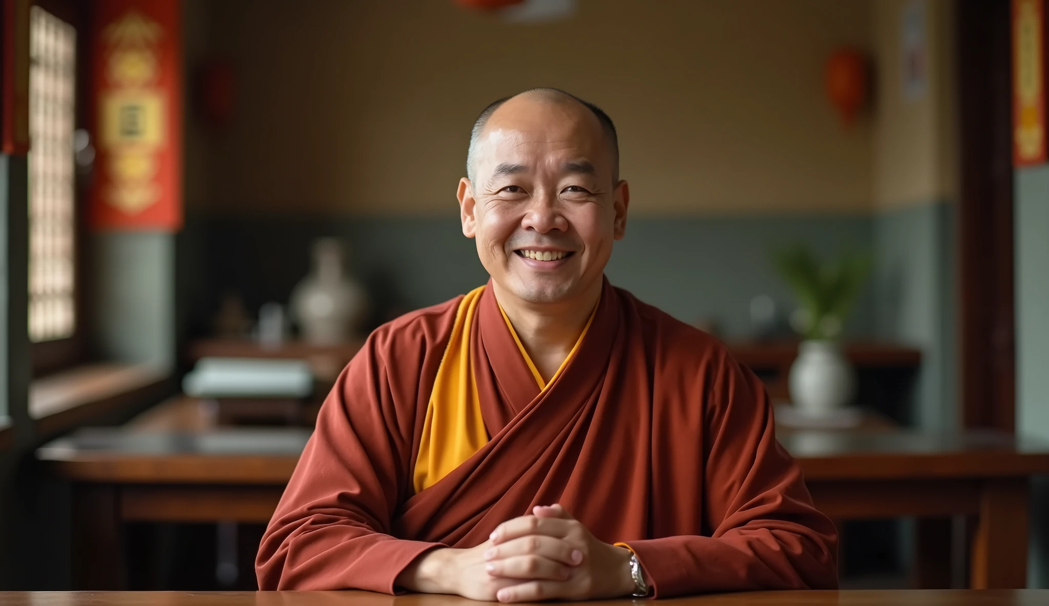 **portrait looking straight, Vietnamese monk about 40 years old, lovable, smooth, plump facial skin, plump, sitting in the tea room of the temple, master photogafie, 90 mm lens, fullbody portrait, defth of feld --ar 16:9 --v 6.0** - Zoom Out by (fast)