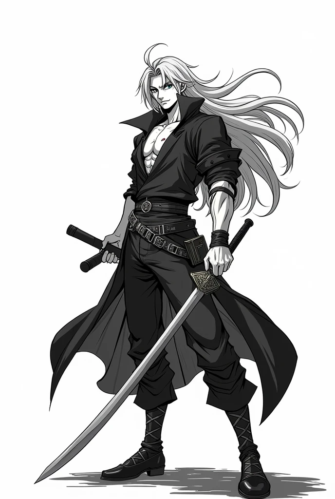 Create a humanized manga-style drawing of a man with the characteristics of Satoru Gojo and Flynn Rider, with sword combat style clothing and that is full body already black and white