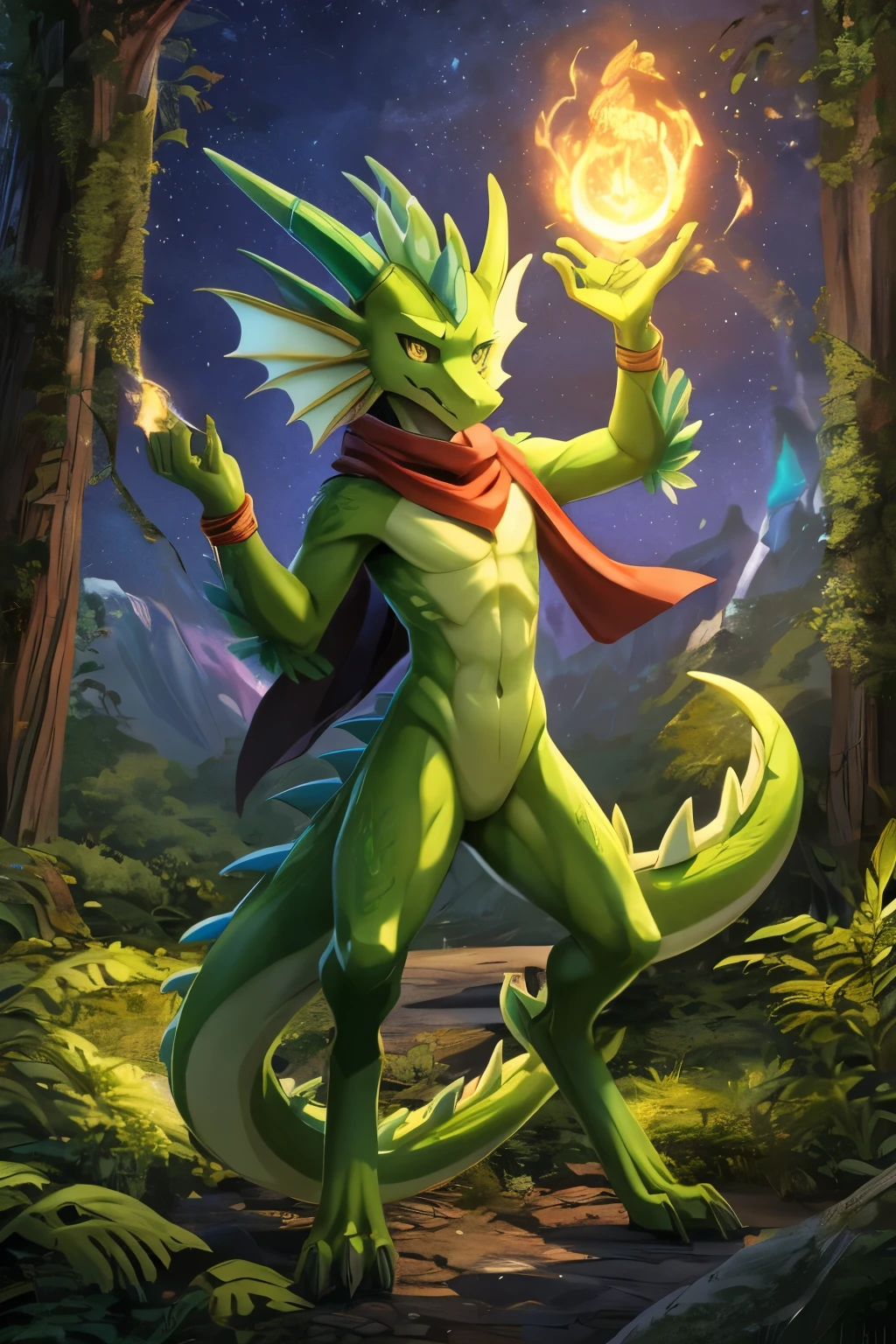 (anime), (front facing), (looking at the camera), slim furry green and lime dragon using old magic, green main body color, smooth skin, very long muzzle, neck and tail fur, digitigrade, creative horns, feathers, gradients, (wearing only a scarf), nature background, full body