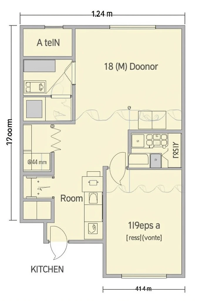 Make a floor plan for fire evacuation plan that has a two rooms at the right side and a one rest room and one room at the left side and also a one rest room. With a kitchen