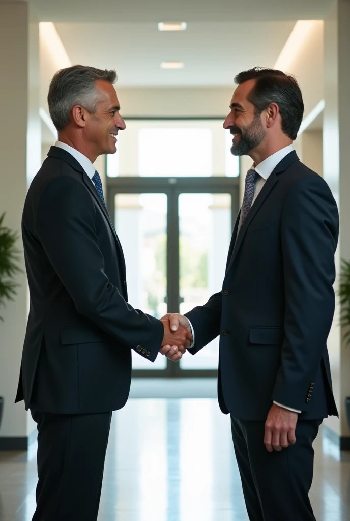 Generate a photo of two americans standing in front of each other while hand shaking