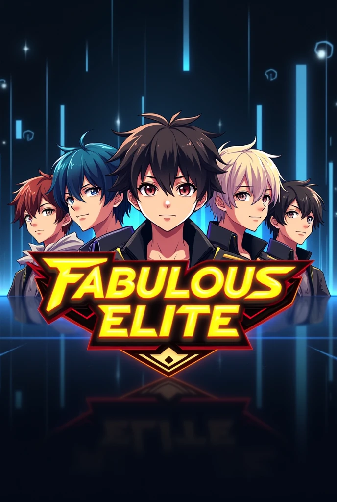 This is a gaming logo that features the name "FABULOUS ELITE" in a futuristic font and a neon yellow color. and 4 Anime Boy avtar.