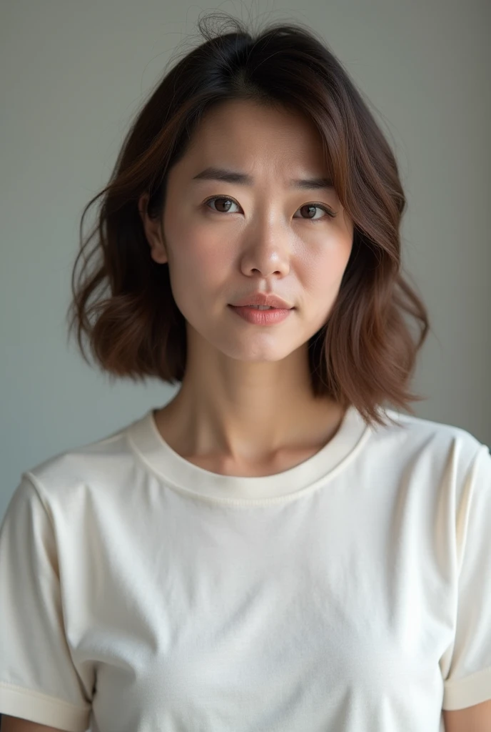 Japanese women、50 years old、Brown Hair、Hairstyle to the shoulders、T-Shirts、Bcup、Embarrassed look