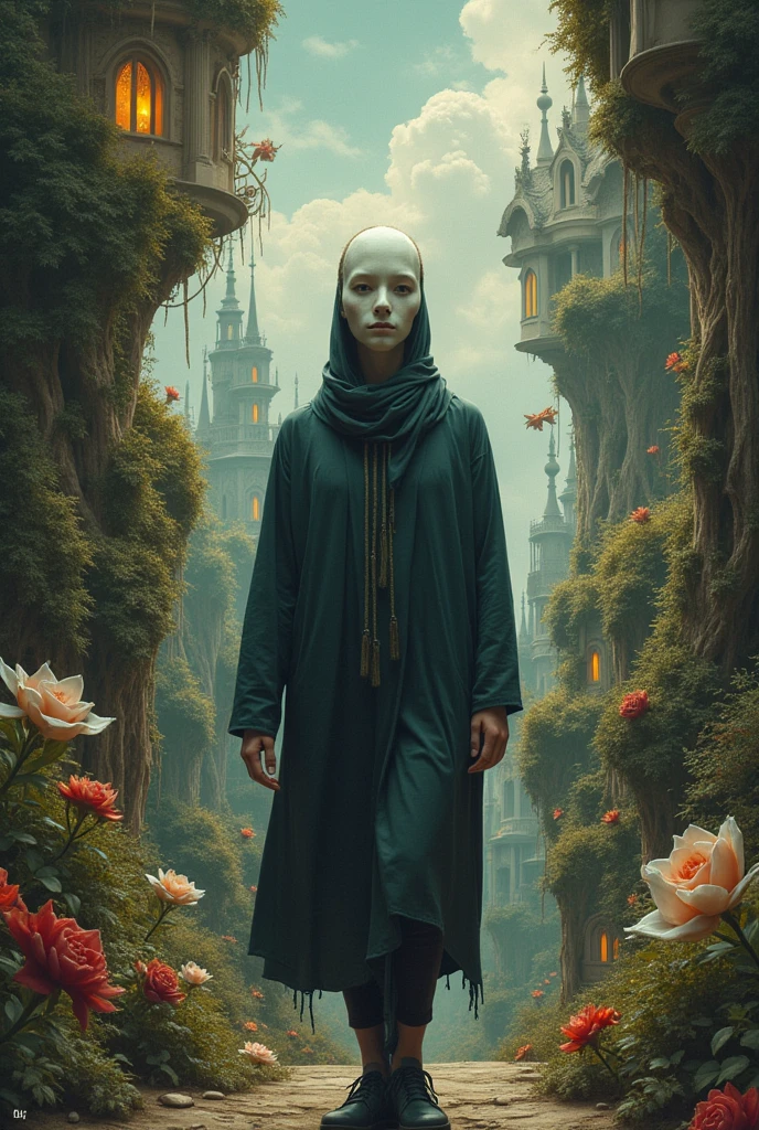 An art of a human putting a fake face mask to go of his home into this fake world