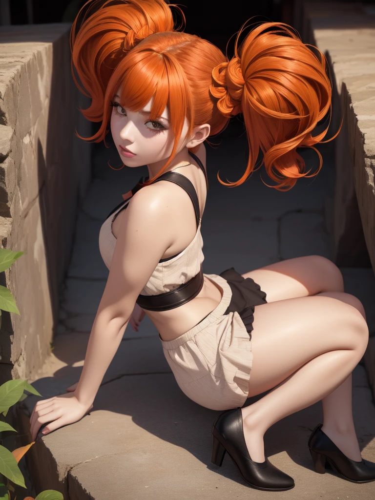 beautiful woman with orange hair (mega twintails) 8k, masterpiece, Very detailed, Alone, Underground city, Inclined shot, Amazing, Ecstatic, tube top
