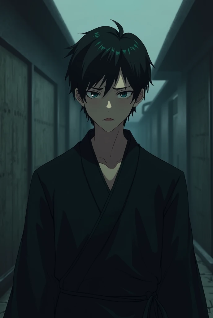 Generate  me a art of  a 2 non bearded depressed looking male filipino in a black kimono in a depressing theme background make the vibe very depressing,  anime style. He has to be facing the front. His eyes must look like he hasn't slept or has relaxed in long time but don't give him eyebags. 
