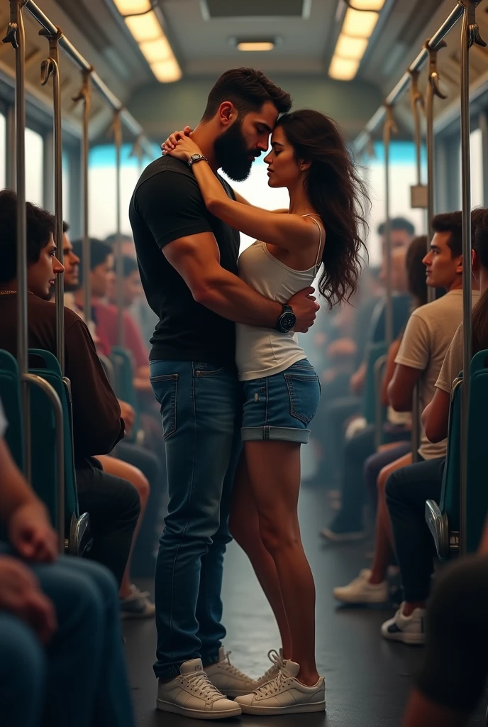 There is a young, strong, bearded Iranian man in a black t-shirt, jeans, White sneakers, sports watch, standing, holding on to the bar inside a public transport bus, hugging a beautiful woman in casual clothes. Bulge, bulge. crowded bus.