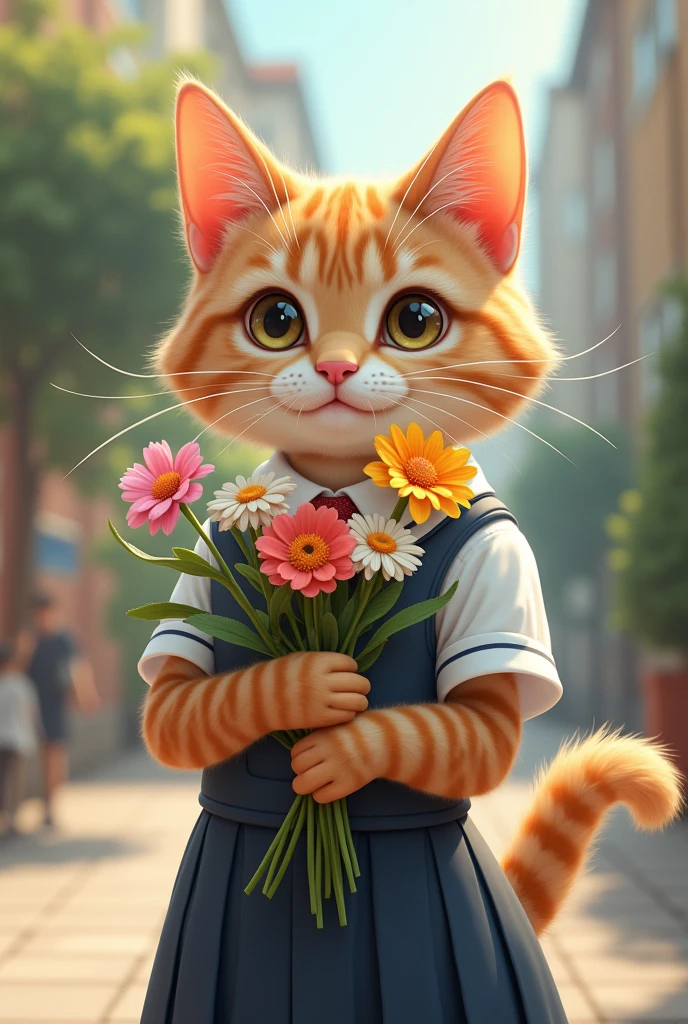draw me a cat wearing a school uniform holding flowers