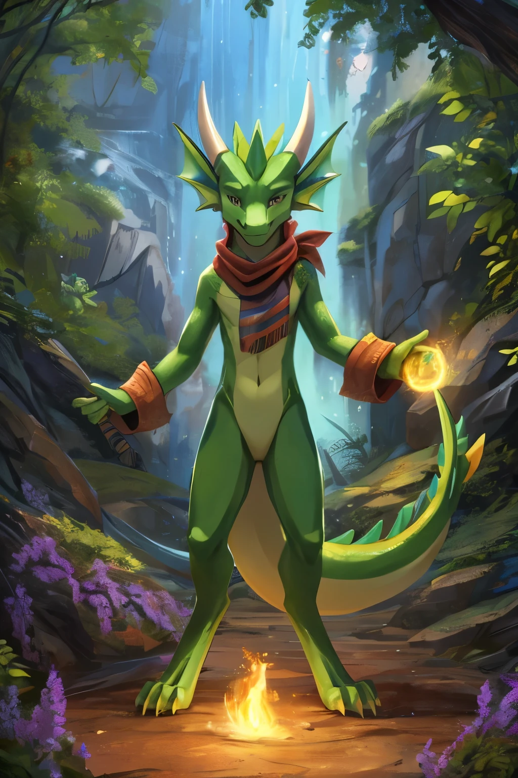 (anime), (front facing), (looking at the camera), slim furry green and lime dragon using old magic, green main body color, smooth skin, very long muzzle, neck and tail fur, digitigrade, creative horns, feathers, gradients, (wearing only a scarf), nature background, full body