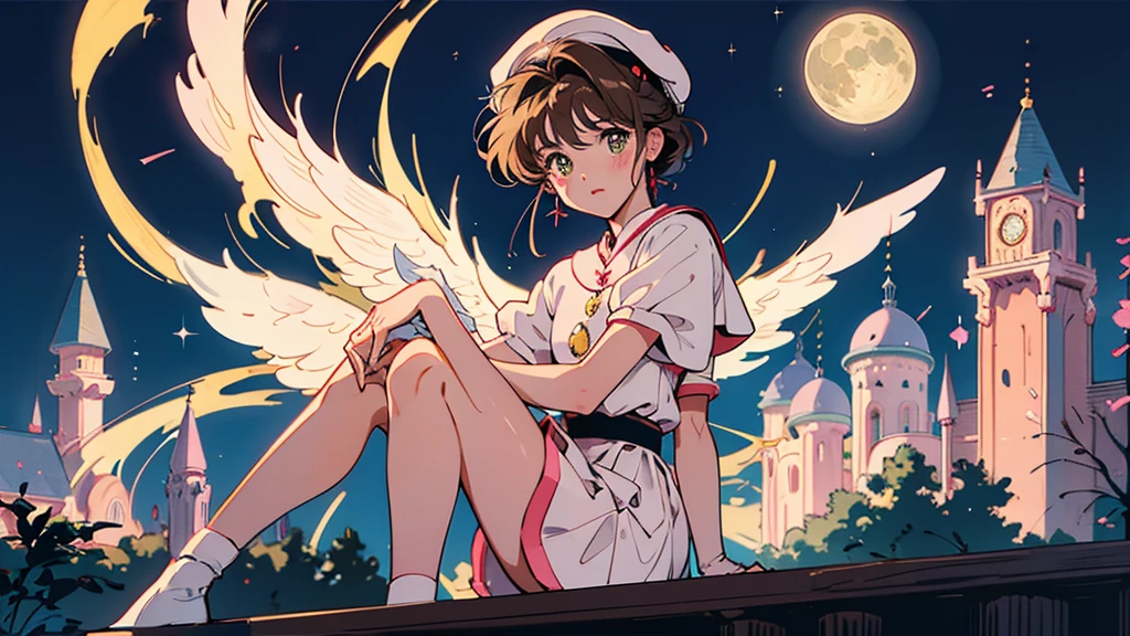 Cardcaptor Sakura Sakura。beret。Full moon and starry sky。Sitting on the sofa。1 person。A glittering cityscape in the foreground。