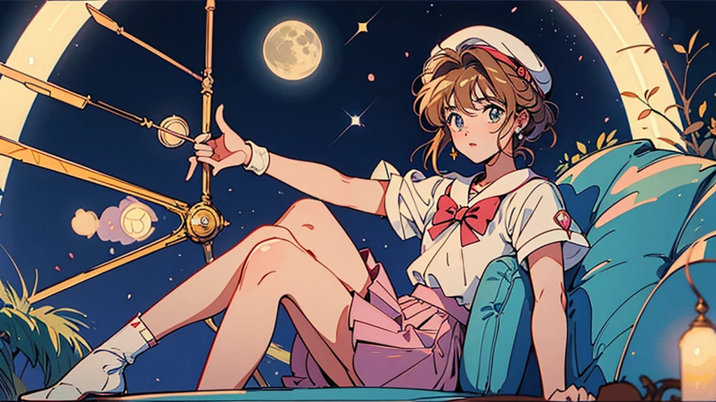Cardcaptor Sakura Sakura。beret。Full moon and starry sky。Sitting on the sofa。1 person。A glittering cityscape in the foreground。
