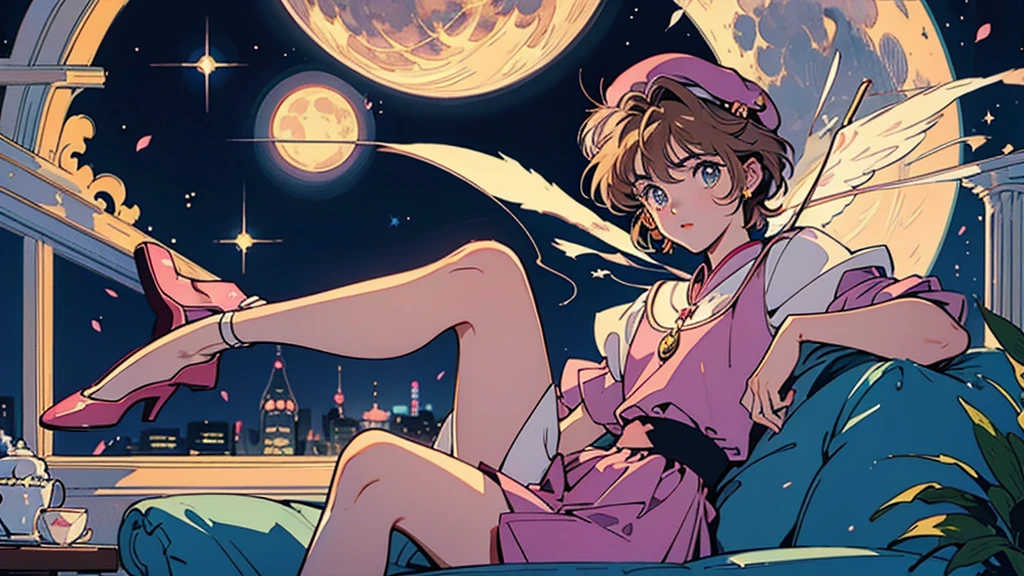 Cardcaptor Sakura Sakura。beret。Full moon and starry sky。Sitting on the sofa。1 person。A glittering cityscape in the foreground。